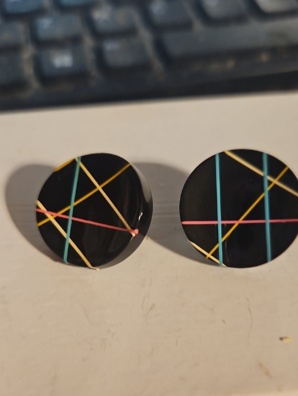 Vtg 80's Black Lucite Striped Pierced Earrings